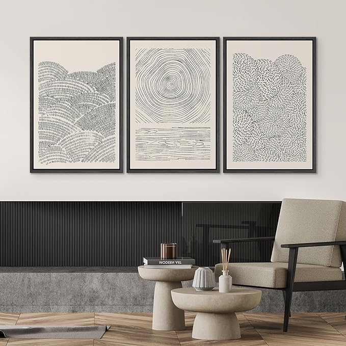 SIGNWIN Framed Canvas Print Wall Art Set Geometric Spiral Ring Wave Pattern Abstract Shapes Cozy Neutral Modern Art Decorative Contemporary Minimal for Living Room, Bedroom, Office - 16"x24"x3 Black