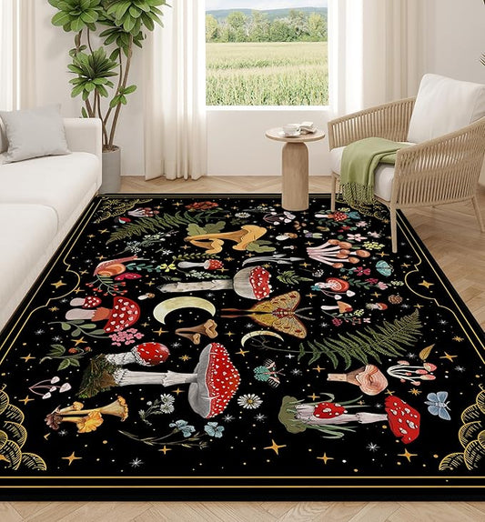 Mushroom Moth Area Rugs for Living Room Dining Room Bedroom Farmhouse, 8'x10' Non-Slip Machine Washable Black Living Room Rug Carpet, Witchy Decor Aesthetic