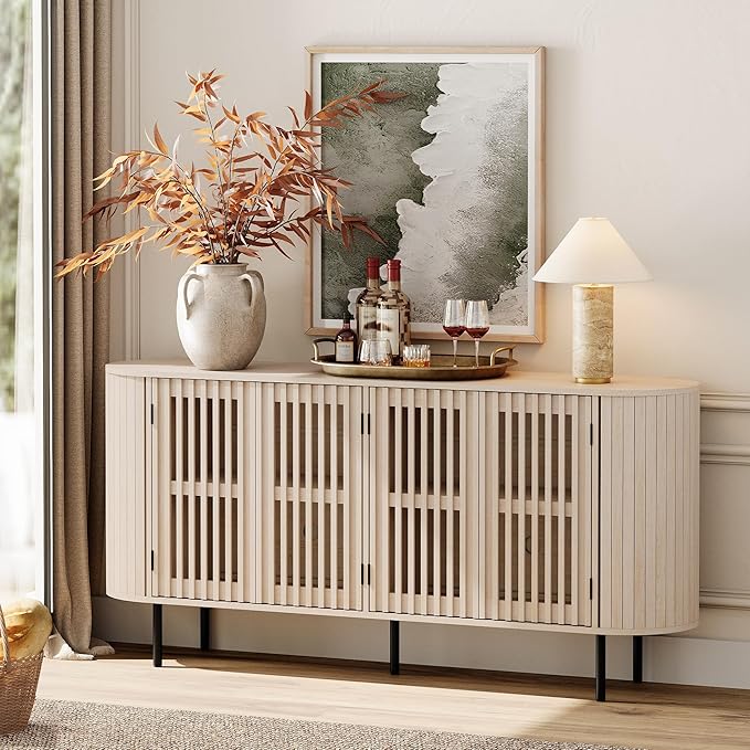 WAMPAT Sideboard Buffet Cabinet with 4 Fluted Doors, 64" Wood Accent Storage Cabinet with Curved Design, Mid-Centery Modern Credenza for Dining Room, Kitchen, Hallway, Natural