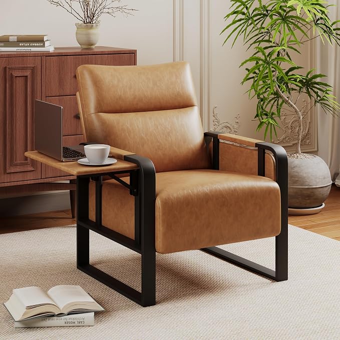 Upholstered Living Room Chair Armchair Set of 2, Mid Century Faux Leather Metal Accent Chair, Reception Couch Office Guest Chair Slipper Club Lounge Single Sofa with Sidetable for Bedroom-Light Brown