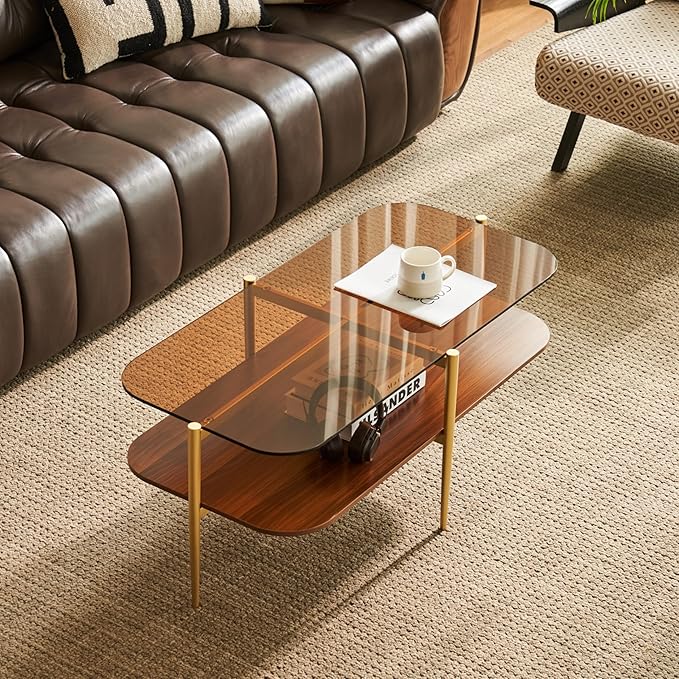 Saint Mossi Oval Glass Coffee Table for Living Room, Mid Century Modern Center Table, Brown Glass & Coffee Brown MDF Bottom Shelf with Rounded Corners, L41xW21xH17