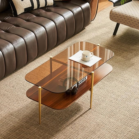 Saint Mossi Oval Glass Coffee Table for Living Room, Mid Century Modern Center Table, Brown Glass & Coffee Brown MDF Bottom Shelf with Rounded Corners, L41xW21xH17