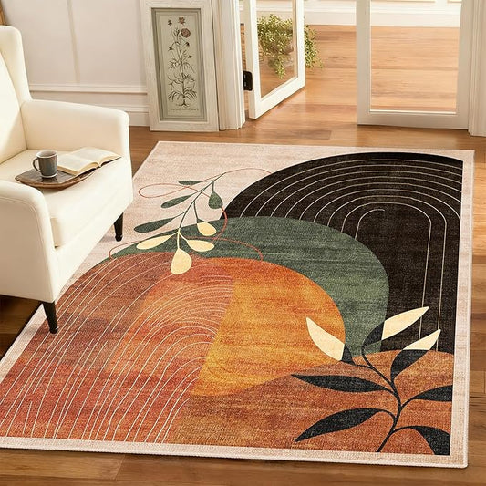 MUJOO 3x5 Washable Rugs,Boho Large Area Rug for Entryway Kitchen Entry Bedroom Bedside Foyer,Small Throw Carpet Indoor Non Slip Mid Century Modern Abstract Botanical Geometric Accent Terracotta