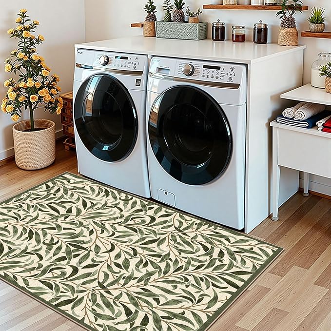 3x5 Boho Entry Rug - Small Washable Indoor Outdoor Mats for Front Door Non-Slip Porch Rug Sage Green Botaniacal Leaf Throw Rugs for Living Room Bedroom Entryway Kitchen Office Porch Decor