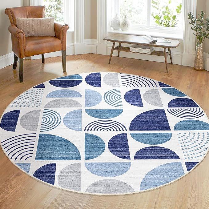MUJOO Round Rugs 5ft,Circle Area Rug Washable,Circular Rugs for Living Room Dining Room,Boho Non Slip Throw Floor Carpet Modern Abstract Navy Blue