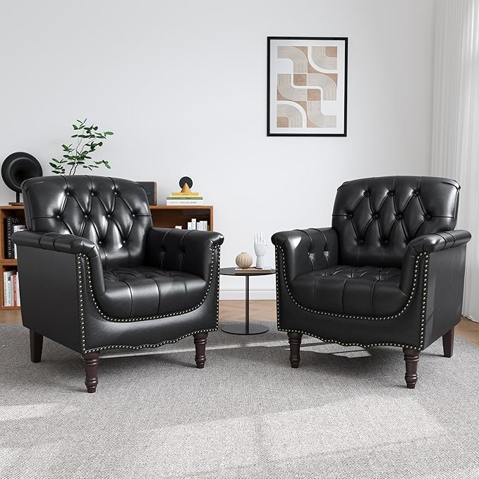 Faux Leather Accent Chair for Living Room, Tufted Arm Chair Retro Upholstered Club Armchair with Solid Wood Legs, Black Blue