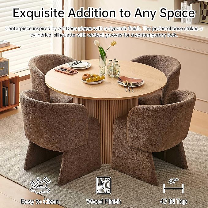 NORDICANA 5-Piece Round Dining Table Set for 4, Rustic 47-Inch Kitchen Table and Chair Set, Dining Set with Brown Upholstered Armchairs, Manufactured Wood Top with Oak Veneer