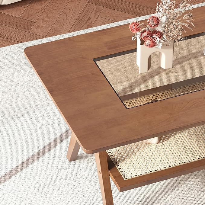 Mid Century Modern Coffee Table with Glass Top and Rattan Storage Shelf, Rectangular Walnut Wooden Coffee Table, Unique Center Tables for Living Room Apartment Home, 39.4 Inch