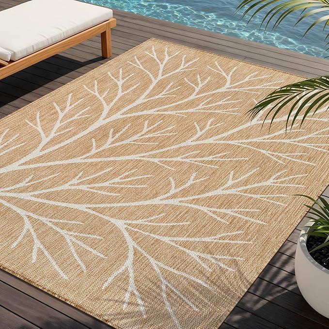 Washable Indoor Outdoor Rug 6x9 Modern Area Rugs Branch Pattern Non Shedding Waterproof Easy Clean Patio Deck Porch Living Room Bedroom Garden RV (6 X 9 Natural)