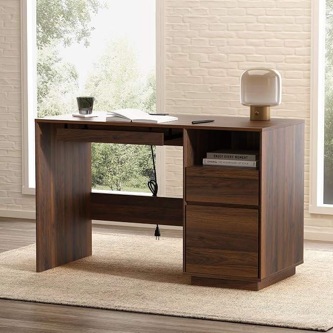 EYYTHUNG 47" Office Desk, Home Office Desk with File Drawer & Open Storage & Power Outlet, Large Wooden Executive Desk for Study Writing, Brown