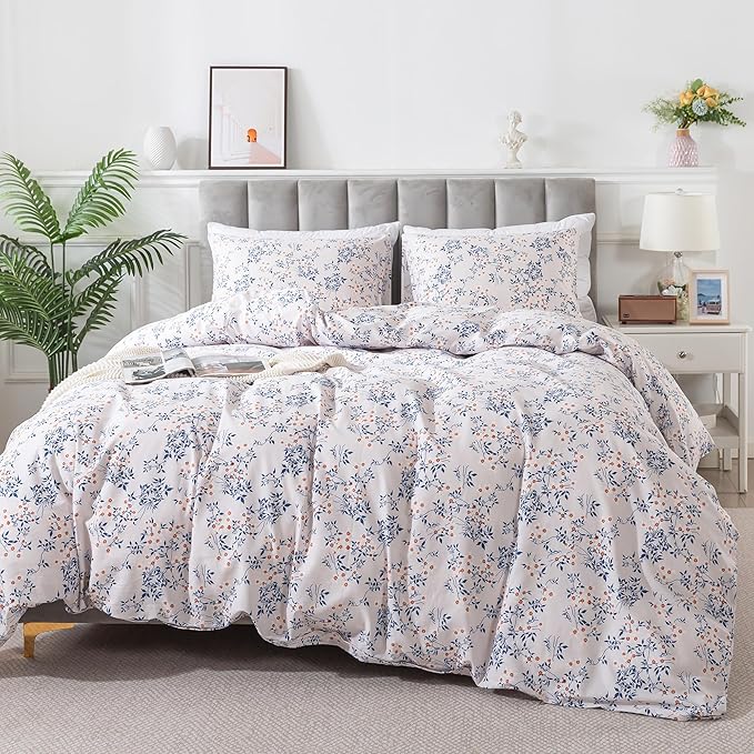 HoneiLife King Size Duvet Cover - 100% Cotton Comforter Cover, Soft & Breathable Floral Bedding Duvet Cover Sets with Zipper Closure & Corner Ties, 3-PC Wildflower Comforter Cover Sets, Blue Leaves