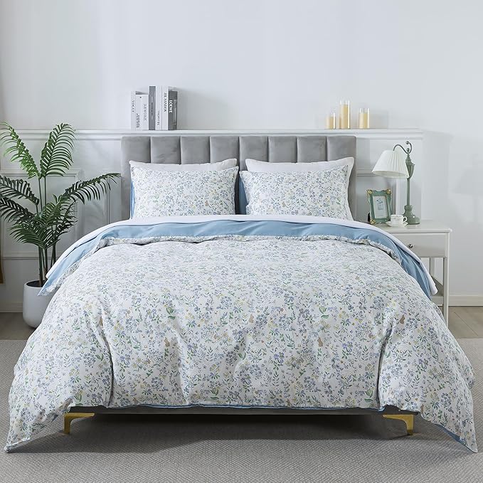 HoneiLife Cotton Duvet Cover King - Floral Comforter Cover 3-PC, Flower Bedlinen Set with Zipper Closure & Corner Ties, Wildflower Comforter Cover Sets All Season Use