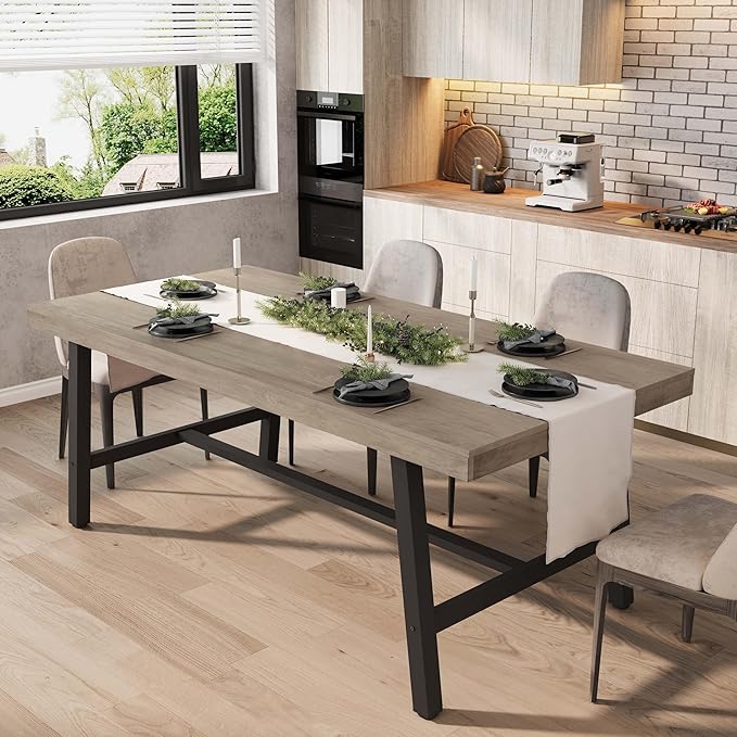 GarveeHome Industrial Dining Table for 6-8 People, 70.87" Long Wooden Kitchen Table with Sturdy Metal Frame & Grey Finish, Seats 6 Rectangular Counter for Dinner, Kitchen, Dining Room - Grey
