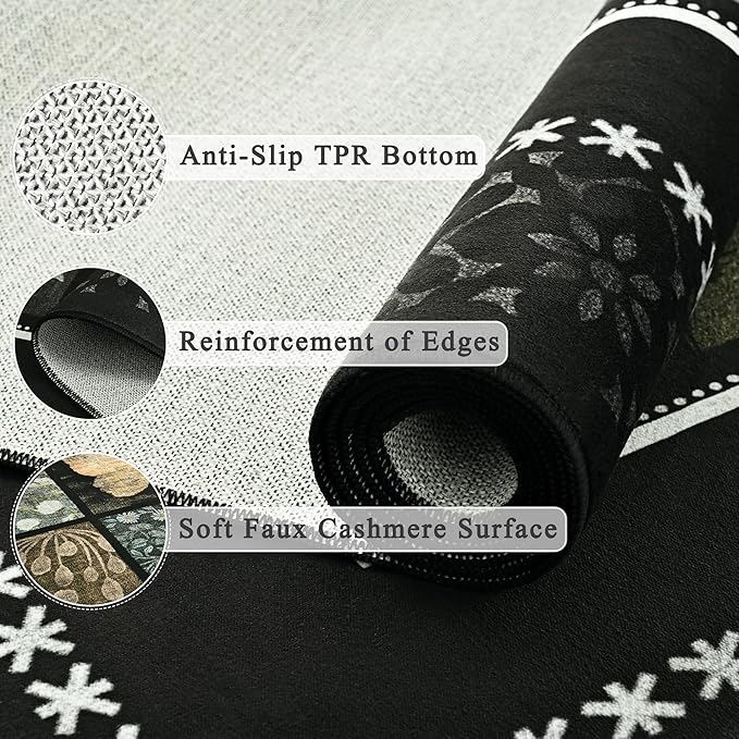 Tepook 4x6 Area Rugs for Living Room, Modern Large Geometric Rug for Bedroom, Washable Patchwork Rug Indoor Non Slip Throw Carpets for Dining Room Office Farmhouse Home Decor, Black