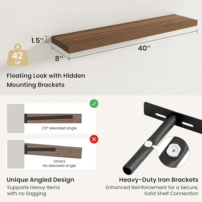 Fun Memories Rustic Wood Floating Shelves for Wall, Space-Saving Wall Mounted Shelves for Bathroom, Bedroom, Living Room and Kitchen, Stylish Storage & Display (Set of 2, Walnut, 40 in)