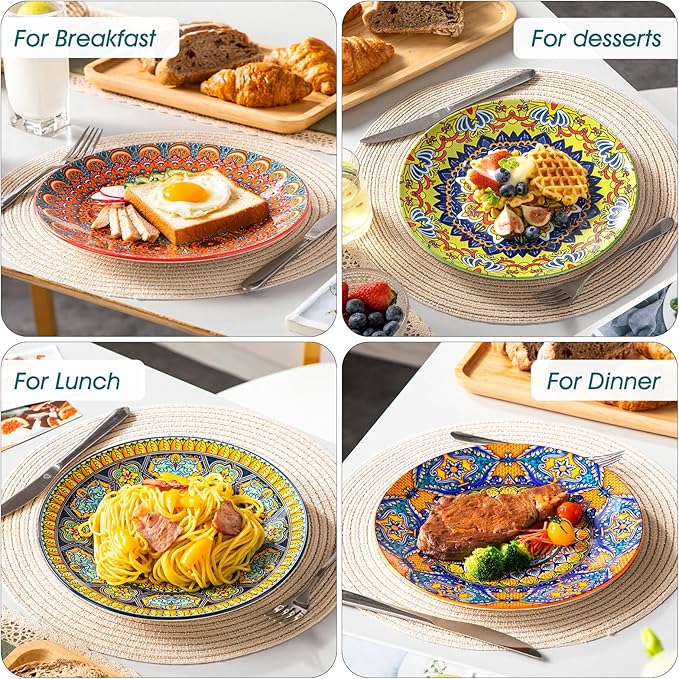 vancasso Colorful Dinner Plates Set of 6, 10.5 Inch Ceramic Kitchen Plates for Dinner, Bohemian Printed Dishes for Dining, Microwave & Dishwasher Safe Plate Set, Series KRVI