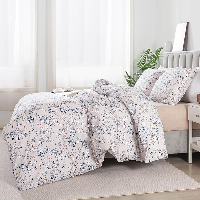 HoneiLife King Size Duvet Cover - 100% Cotton Comforter Cover, Soft & Breathable Floral Bedding Duvet Cover Sets with Zipper Closure & Corner Ties, 3-PC Wildflower Comforter Cover Sets, Blue Leaves