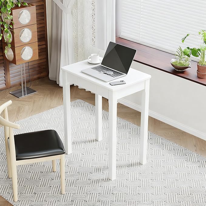 Solid Wood Desk with Drawers - 24 x 16 Inch Simple Narrow Desks, Rubber Wood Study Table, Small Writing Desk for Small Spaces|Bedroom - Modern White Desks