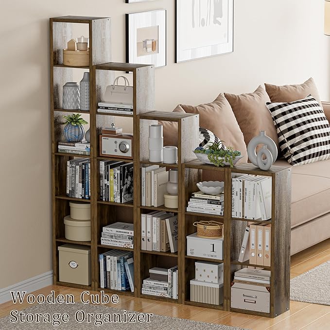 VDNEND Cube Storage Organizer Bookcase, Decorative 11 inch Open Back Cubical Shelf with Thickened Border, Display Bookshelf for Living Room, Home Office, Sturdy Room (Brown, 6 Cube,Vertical)