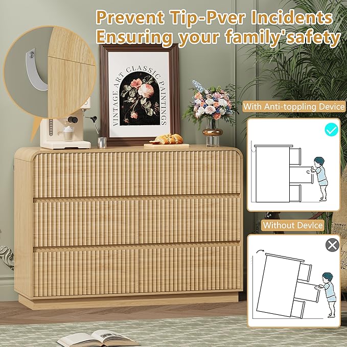Oak Dresser Fluted 6 Drawers Dresser for Bedroom, 47" Wide Wood Chest of Drawers with Hidden Handles & Rounded Corners, Modern TV Stand Storage Cabinet for Living Room, Hallway, Entryway