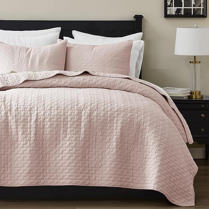 palassio Pink 100% Cotton Quilt Twin Size Bedding Sets with 1 Pillow Sham, Textured Lightweight Soft Bedspread Shabby Chic Coverlet, Quilted Comforter Bed Cover for All Season, 2 Pieces