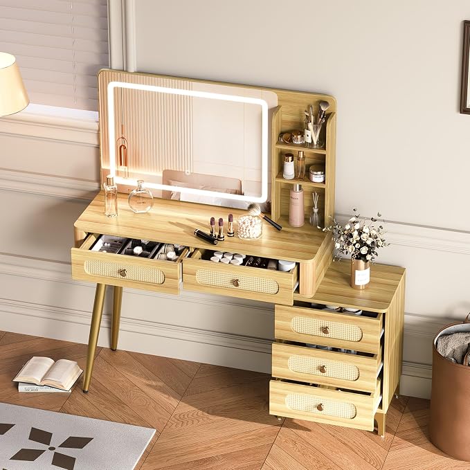 47" Mid-Century Modern Makeup Vanity Table with Mirror & Lights Vintage Vanity Desk with 3-Color Dimming Light 5 Drawers 3 Open Shelves Natural Wood Vanity with Rattan Decor & Metal Legs