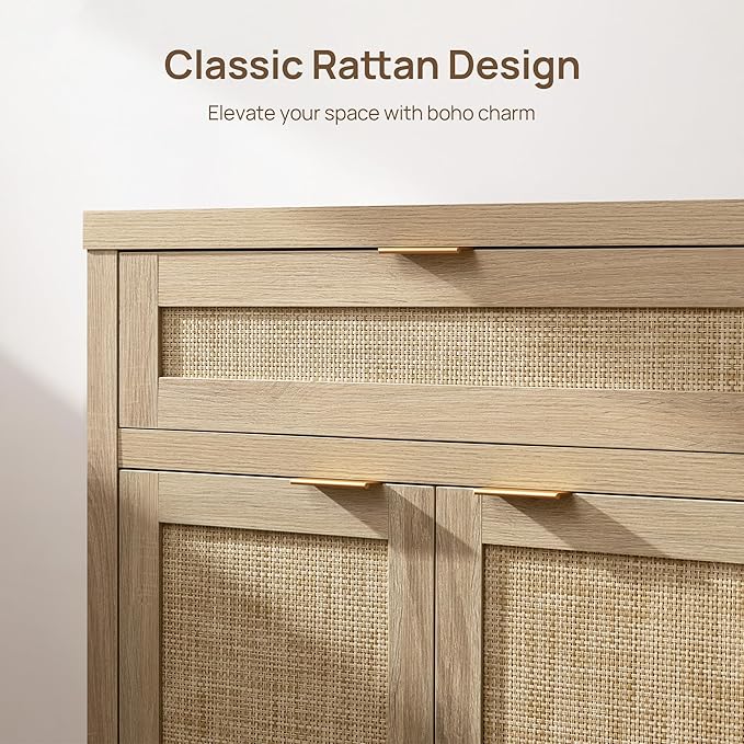 SICOTAS Sideboard Buffet Storage Cabinet Set of 2, Rattan Credenza Buffet Table, Boho Console Accent Cabinet with Doors and Drawer, Coffee Bar Cabinets for Kitchen Entryway Living Room, Natural