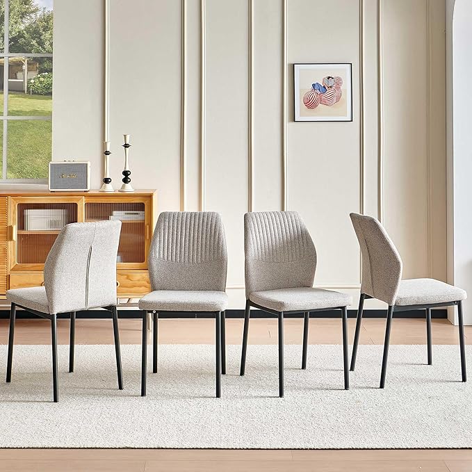 Dining Chairs Set of 4, Light Brown Linen Fabric Dining Chairs, Comfortable Upholstered Armless Kitchen Chairs with Black Metal Legs for Living Room, Dining Room, Kitchen