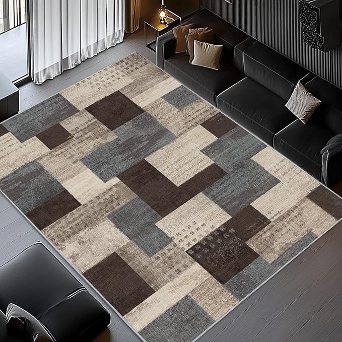 Modern Geometric Patchwork Indoor Area Rug for Living Room, Blue-Taupe 10'x 14' Large Rug Rockwood Collection Hardwood Floors Decor for Bedroom, Blue Throw Carpet for Entryway Dining Room