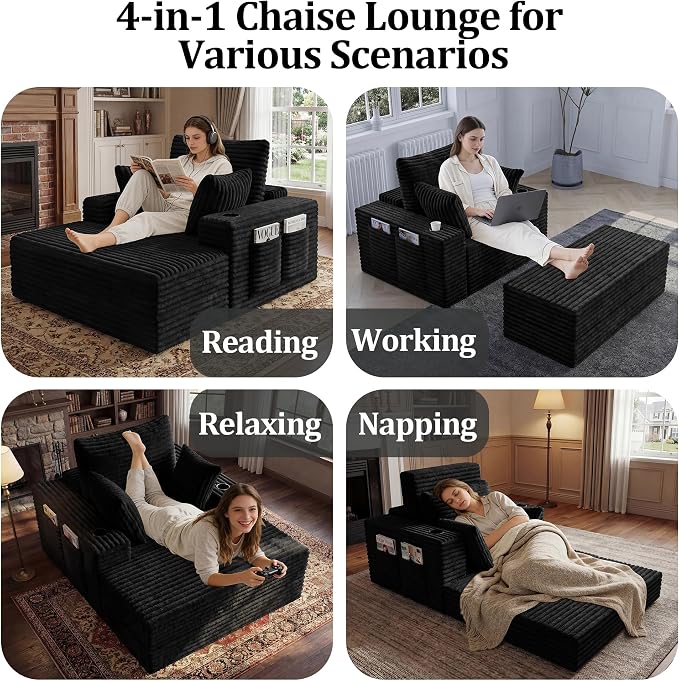 85" Oversized Chaise Lounge Chair Convertible 2-in-1 Boneless Sleeper Couch Bed Indoor Comfy Cloud Corduroy Reading Armchair sofa with Storage Pockets&Cup Holders for Bedroom,Living Room,Black