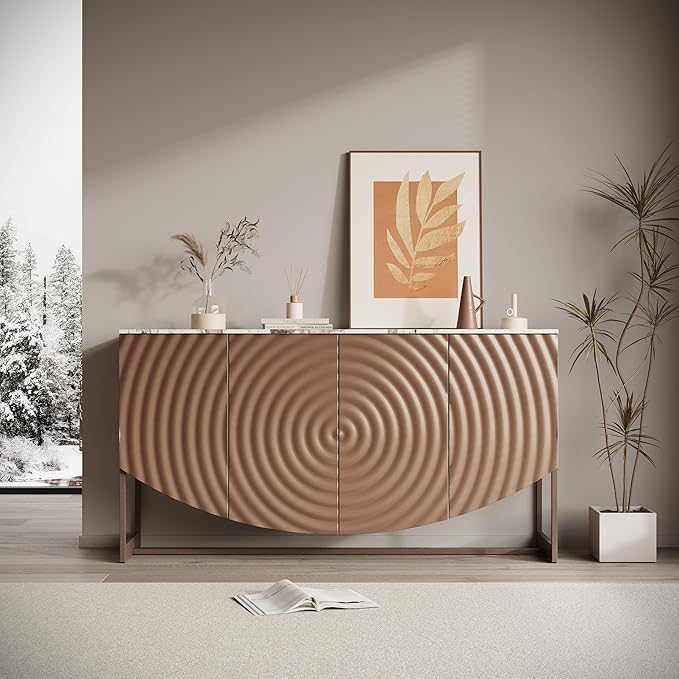 3D Water Wave Sideboard with Hidden Light - Drawer & Shelf Storage, Easy-Clean Grooved Glass,Multi-Functional Modern Cabinet for Dining Living Room,Black Blue Green (Brown)