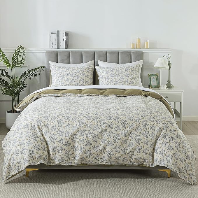 HoneiLife Floral Duvet Cover Queen - 100% Cotton Comforter Cover,Breathable Bedlinen Set with Zipper Closure & Corner Ties, Botanical Comforter Cover Sets 3-PC