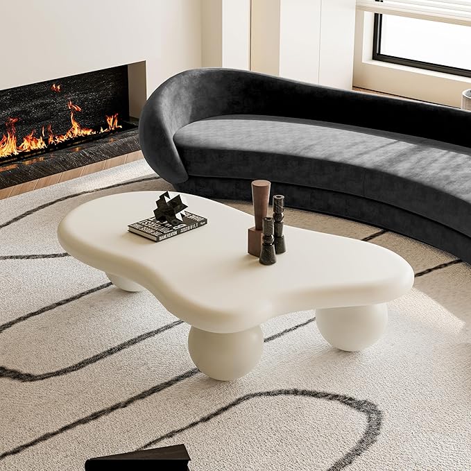47" Cream White Coffee Table Modern Cloud Shape Low Center Table Cute Irregular Indoor Tea Table with 3 Ball Legs for Living Room Small Space Apartment