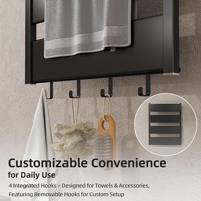 K&KALONZO Smart Electric Towel Warmer with 3-Level Timer & Temp Control, 2H Rapid Dry Aerospace Aluminum Heated Towel Rack, Hardwired/Plug-in Wall Mounted Towel Heater with 4 Hooks, Black, H4-B
