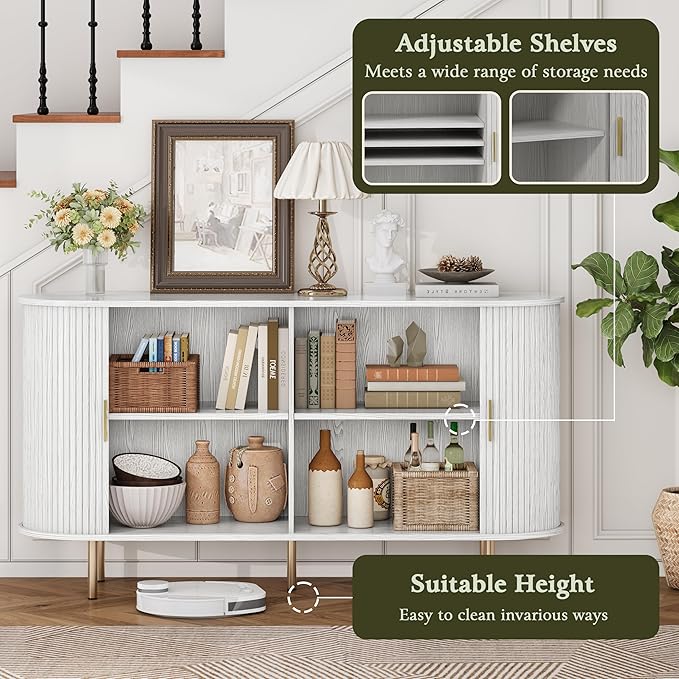 DHH Sideboard Buffet Cabinet with Storage,Mid Century Modern Fluted Accent Coffee Bar Console Table,Tambour Sliding Doors& Adjustable Shelf for Kitchen, Living Room, Entryway(White,55 Inch)