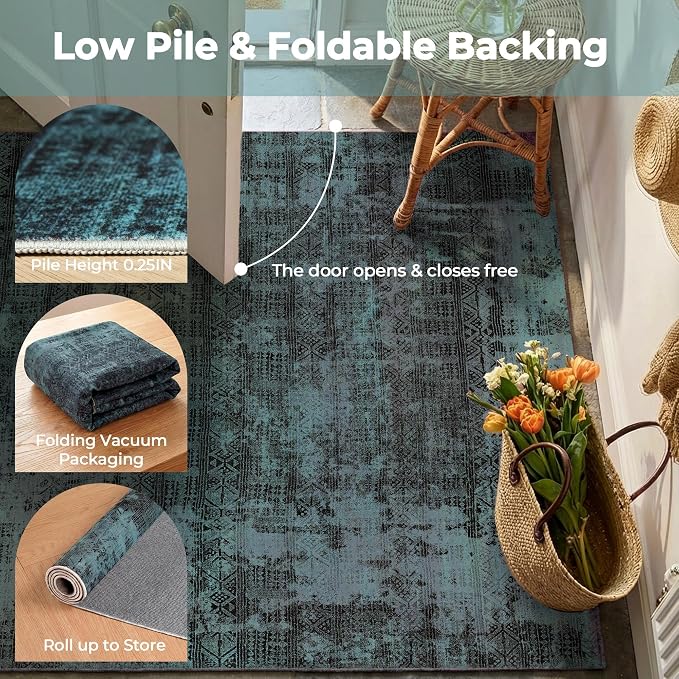 Kokia Abstract Area Rugs Washable Indoor 6x9 Rug Boho Distressed Retro Low Pile Non-Slip Non-Shedding Deep Teal Carpet Bedroom Living Room Dining Room, Ocean Teal