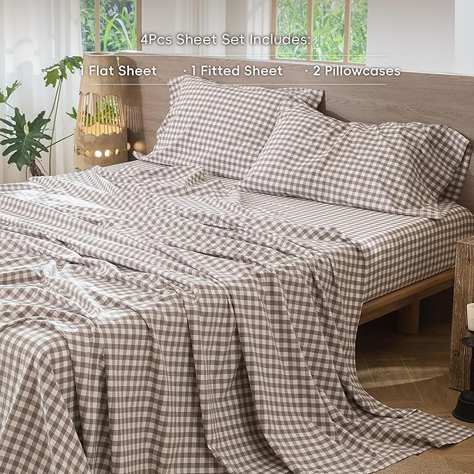 MooMee Gingham Sheet Set 100% Washed Cotton Linen Like Textured Breathable Soft w/Fully Elasticized 16-19" Deep Pocket (Classic Gingham Brown, King)
