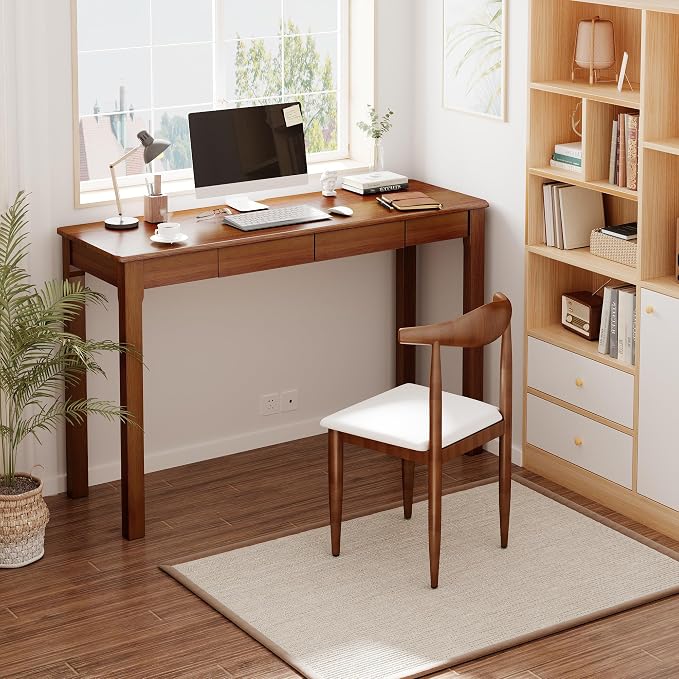 100% Solid Wood Desk with Drawers 47 x 16 Inch Mid Century Modern Desk Vintage Small Writing Wooden Desks for Small Spaces Bedroom, Living Room, Office