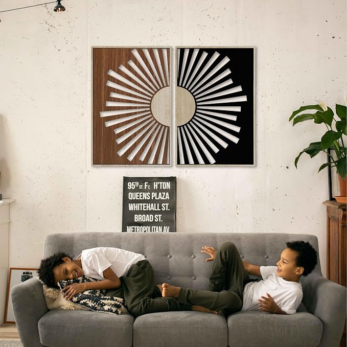 Boho Sun Wood Wall Art Set of 2, Mid Century Modern Sunburst Wall Decor, Celestial Wooden Diptych Panels, Geometric New House Gift for Living Room and Bedroom
