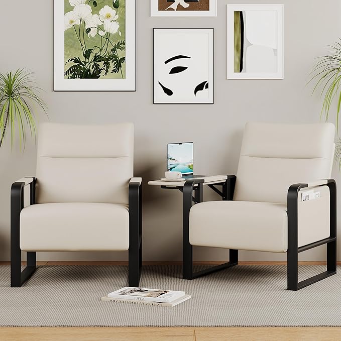 Upholstered Living Room Chair Armchair, Mid Century Faux Leather Metal Accent Chair, Reception Couch Office Guest Chair Slipper Club Lounge Single Sofa with Sidetable for Bedroom-Beige