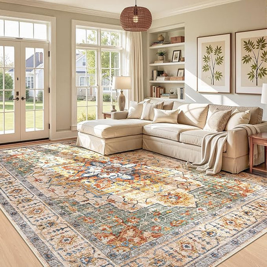 Area Rug 9x12 Vintage Rug: Large Washable Indoor Medallion Rugs Low Pile Distressed Floor Carpet Retro Accent Rug for Living Room Bedroom Kitchen Dining Table Home Office(Green/Yellow, 9'x12')