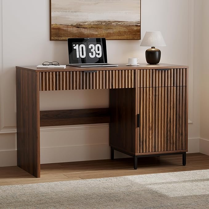 47" Office Desk with Fluted Drawers, Wooden Home Exectuive Desk with Storage Cabinet, Charging Station, Metal Legs Modern Farmhouse Computer Desk for Work, Study, Brown