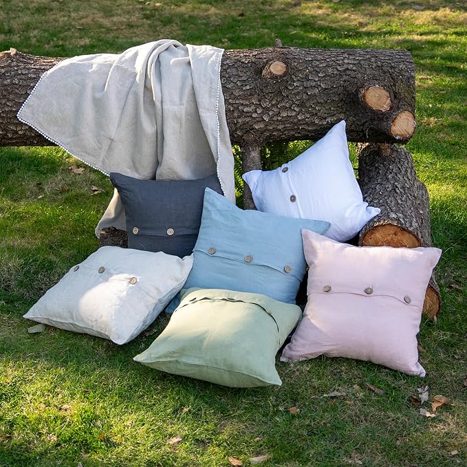 Simple&Opulence Linen Throw Pillow Covers Pack of 2, Triple Coconut Button Vintage Farmhouse Natural Flax Decorative Square Cushion Cover for Sofa Couch Chair - Sage Green, 18'' x 18''