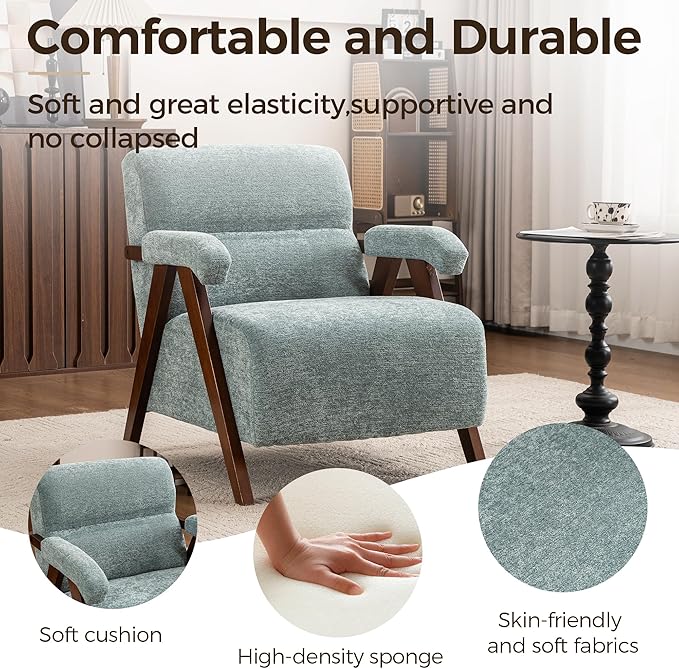 Accent Chair Set of 2 Mid Century Modern Living Room Chairs with Thick Cushion Comfy Upholstered Armchair Cozy Small Side Chairs for Reading Room Bedroom Sage