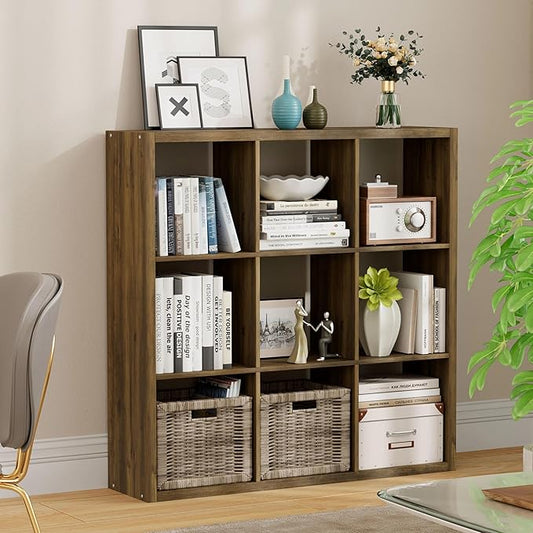 9-Cube Storage Organizer, Wooden Cube Shelf Bookcase with Reinforced Thick Shelves, Heavy-Duty 36.93" L x 9.37" W x 36.93" H, for Living Room Bedroom Home Office, Brown