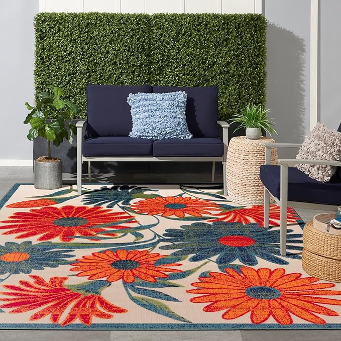 Nourison Home Aloha Ivory Multicolor 9' x 12' Area Rug - Easy Clean, Non Shedding, Bed Room, Living Room, Dining Room, Kitchen (9' x 12')