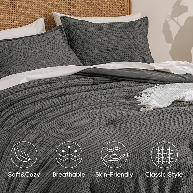 PHF Soft Waffle Comforter Set Queen Size- Comfy Breathable Waffle Weave Comforter with 2 Pillow Shams, 3 Pieces Less Snagging Lightweight Textured Bedding Set for All Season, Grey