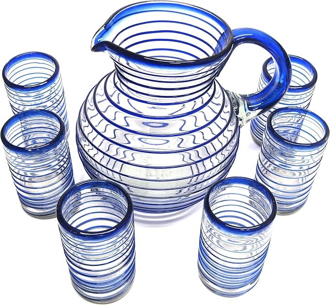Cobalt Blue Spiral 120 oz Pitcher and 6 Drinking Glasses set, Recycled Glass, Lead-free, Toxin-Free (Pitcher & Glasses)