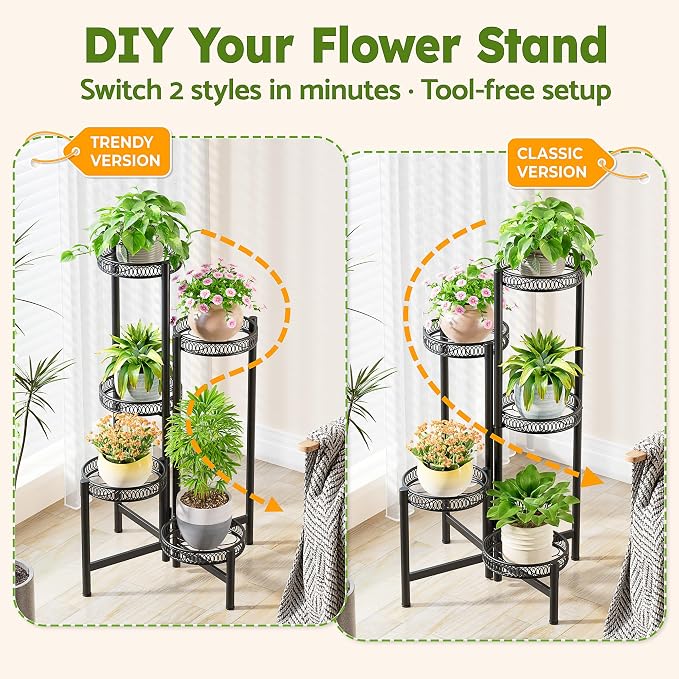 Plant Stand Indoor Outdoor, 5 Tier Corner Metal Flower Display Holder Stand, Folding Tall Plant Rack for Patio Balcony Porch Garden Living Room House, Heavy Duty Wrought Iron Plant Shelf - BlackFlower