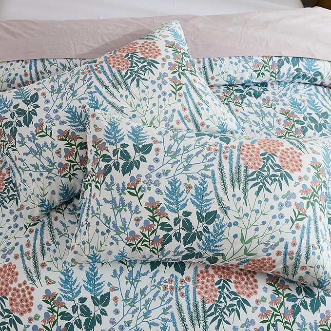 Cozeline 100% Cotton Duvet Cover King Size, Blue and Red Floral Bedding Set with Zipper Closure, 3 Pcs Breathable and Soft Botanical Duvet Cover for All Season
